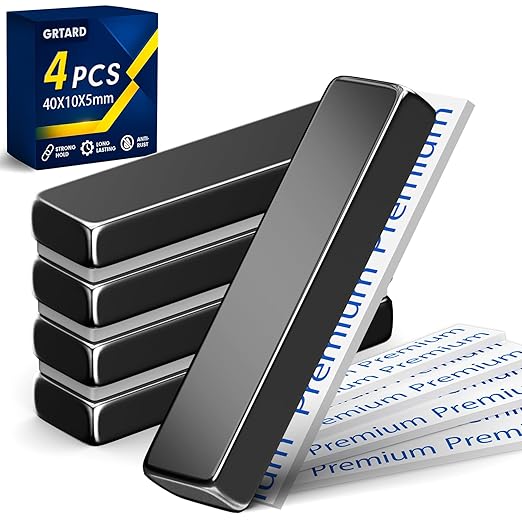 Grtard 4 Pack Neodymium Bar Magnets, Rare Earth Magnets Metal Neodymium Magnet with Double-Sided Adhesive for Fridge and Office Projects, 40x10x5mm(Black)
