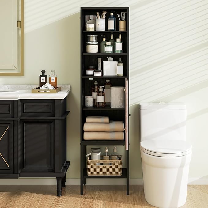 Tangkula Tall Bathroom Storage Cabinet with 1 Door and 4 Shelves, 57" H Narrow Floor Cabinet with Adjustable Shelves, Tall Slim Bathroom Cabinet for Living Room, Entryway, Kitchen (Black)