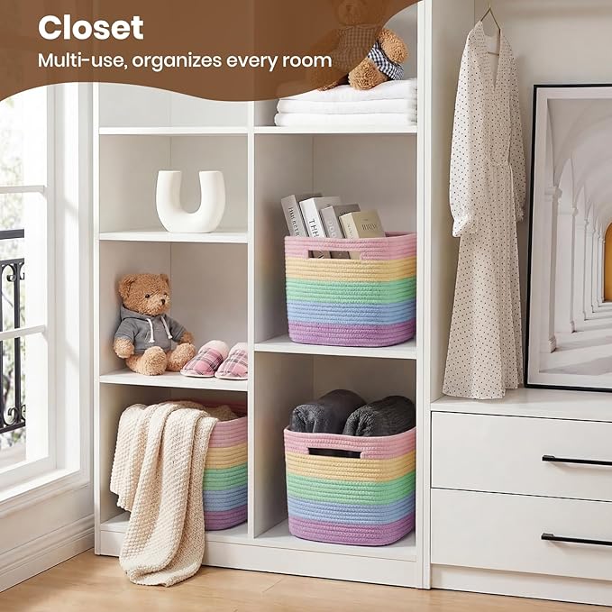 Storage Baskets for Organizing, 14 x 10 x 9” Closet Shelf Woven Baskets, Square Bins with Handles, Cotton Rope Basket for Toys, Clothes, Office, Room, Rainbow 1 Pack