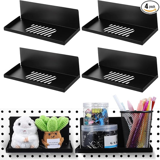 4 Pack Magnetic Pegboard Shelves Wall Organizer Metal Pegboard Shelf Steel Tray Accessories Organizing Tools for Craft Home Kitchen (7.7 x 4.7 x 3.5 Inches, Black)