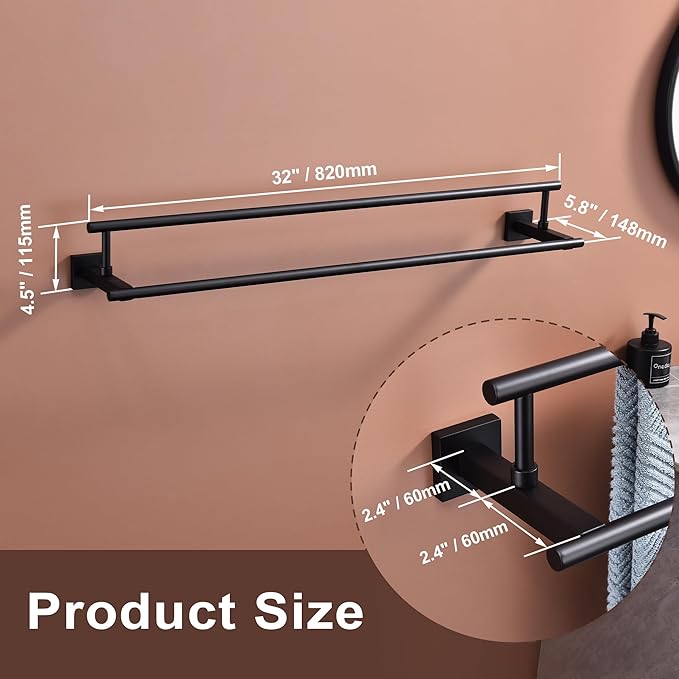 Bath Double Towel Bars, Towel Racks SUS304 Stainless Steel, Towel Holder for Bathroom Wall Mount, Towel Hanger Rail Accessories, 2-Tiers (Matte Black, 32 Inch)