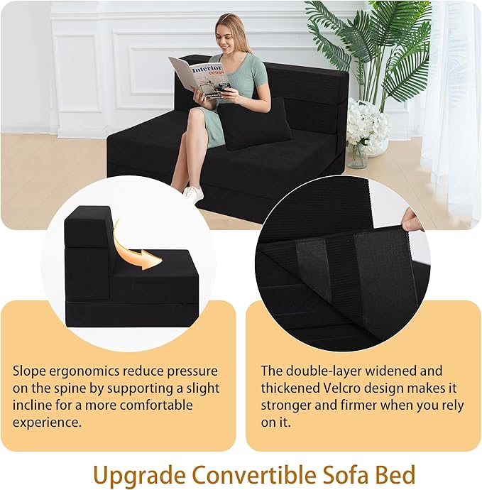 Sofa Bed Foldable Mattress ，Folding Sleeper Sofa Chair Bed Floor Mattress with Pillow for Living Room Home Office (Black-Corduroy, Twin XL)