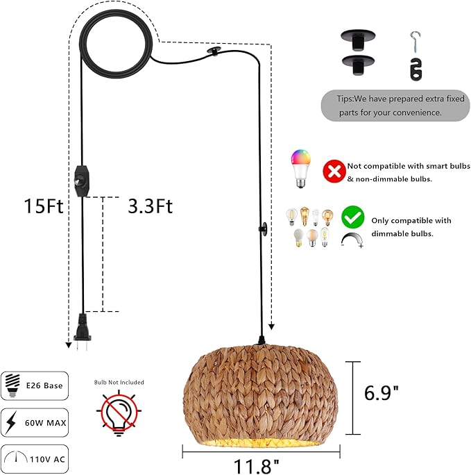 HuisMier Rattan Plug in Pendant Light Boho Hanging Lights with 15 Ft Plug in Cord & Dimmable Switch, Hand Woven Lampshade Boho Hanging Lamp for Kitchen Island Dining Room Bedroom
