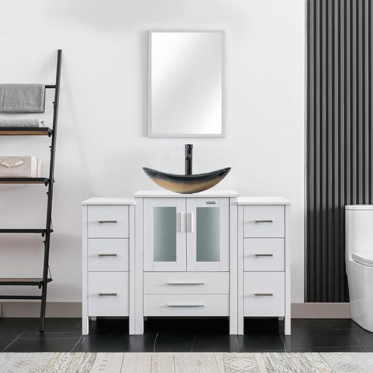 eclife 48" Modern Bathroom Vanity Sink Combo Freestanding Cabinet with Small Side Cabinet, Champagne Boat Glass Vessel Sink, Water Save Faucet, Drain (White+A29CH)