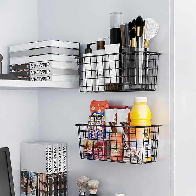 Hanging Kitchen Baskets For Storage Adhesive Small Wire Storage Baskets No Drilling Wall Mounted Shelf with Kitchen Food Pantry Bathroom Shelf Storage, 2 PACK, Black