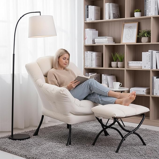 Welnow Lazy Chair with Ottoman, Modern Lounge Accent Chair with Armrests and a Side Pocket, Leisure Sofa Armchair, Reading Armchair with Footrest for Small Space, Beige