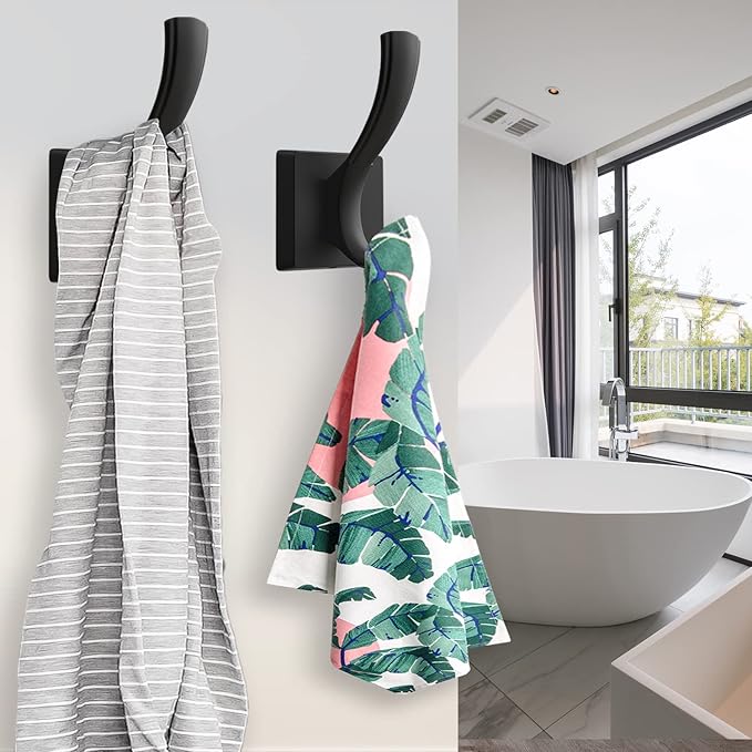 Black Towel Hooks, Coat Robe Hooks Bathroom Entryway Mudroom Pool Hooks for Wall Mount Hanging Towels Bathrobe Key Hat Backpack (2 Pack, Black)
