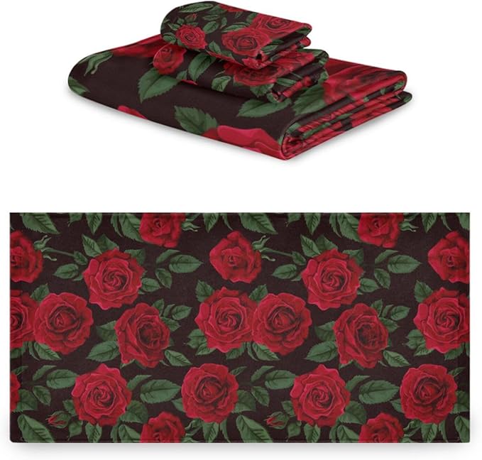 3 Piece Red Rose Floral Bath Towel Set,Microfiber Absorbent Decorative Vintage Flower Green Leaves Black Bathroom Towels,1 Bath Towel 1 Hand Towel for Bathroom Kitchen,1 Washcloth for Body Face