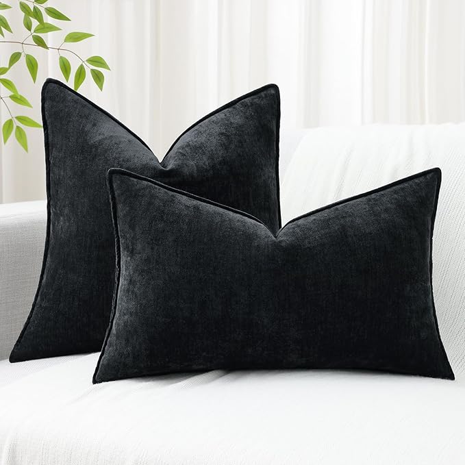 decorUhome Spring Couch Throw Pillow Covers 16x16 Set of 2, Decorative Soft Velvet Modern Cozy Chenille Pillow Cases with Elegant Design for Sofa Bed Living Room Home Decor, Black