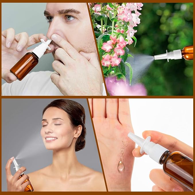 100 Pcs Nasal Spray Bottle, 1OZ/30ML Brown Empty Refillable Nasal Spray Bottles Glass with 20 Funnels and 20 Labels