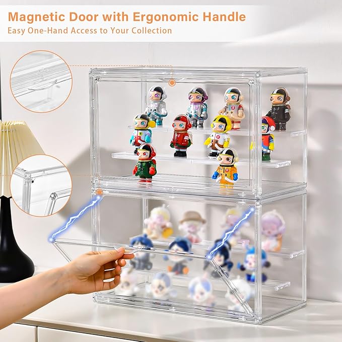 Clear Acrylic Display Case for Collectibles - 3-Tier Adjustable Figure Display with Magnetic Door & Removable Shelves,Stackable Dispaly box for Figures - 2 Pack