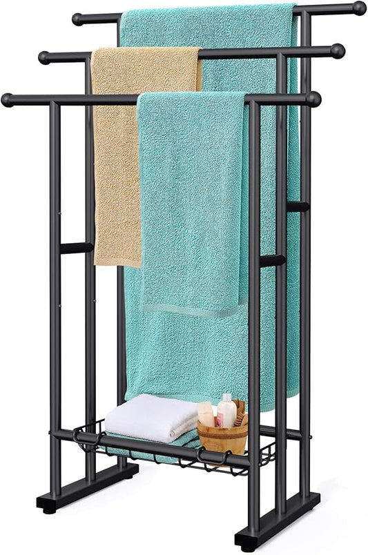 Kayfia 40" H Free Standing Towel Rack, 3 Tier Alloy Steel Stand with Basket, Blanket Drying and Display Rack for Oversized Bath Towels Bathroom Accessories, Next to Tub or Shower