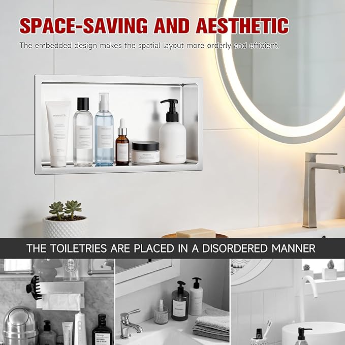 No Tile Needed Shower Niche 12"X 24", Bathroom Wall Niche Single Shelf, Stainless Steel Shower Niche for Bathroom, Kitchens, Balconies