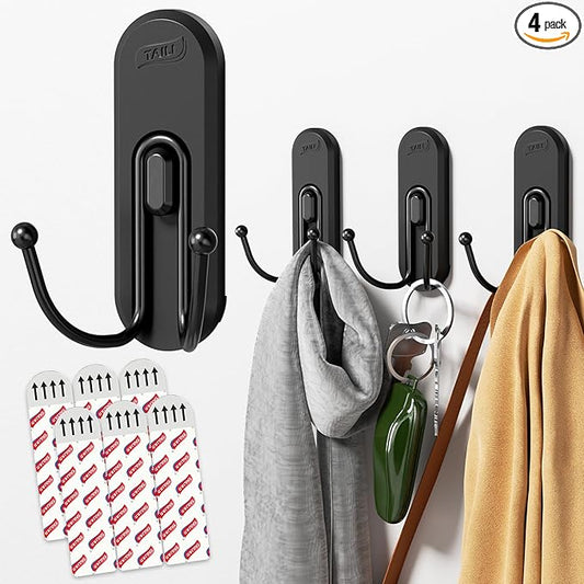 TAILI Adhesive Double Hooks for Hanging, 4 Coat Hooks & 6 Strips, Heavy Duty No-Drill Removable Large Wall Hanger for Towel, Backpack, Hat, Door,Kitchen Home Decor, Decorative Holder - Matte Black