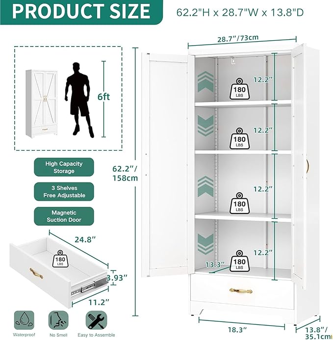 YITAHOME Kitchen Pantry Cabinet, 62" Metal Storage Cabinets with Adjustable Shelves, Farmhouse Organizer Cabinet with Barn Doors, Freestanding Cupboard with Drawer for Dining Living Room, White