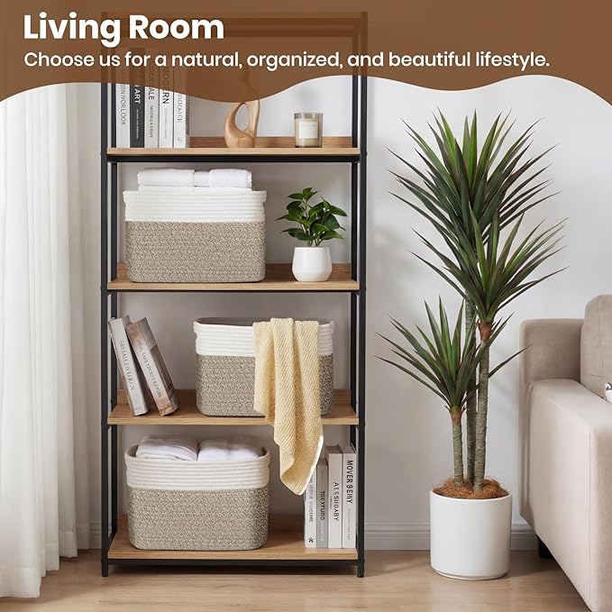Storage Baskets for Organizing, 14 x 10 x 9” Closet Shelf Woven Baskets, Square Bins with Handles, Cotton Rope Basket for Toys, Clothes, Office, Room, White+Rice Brown 4 Pack