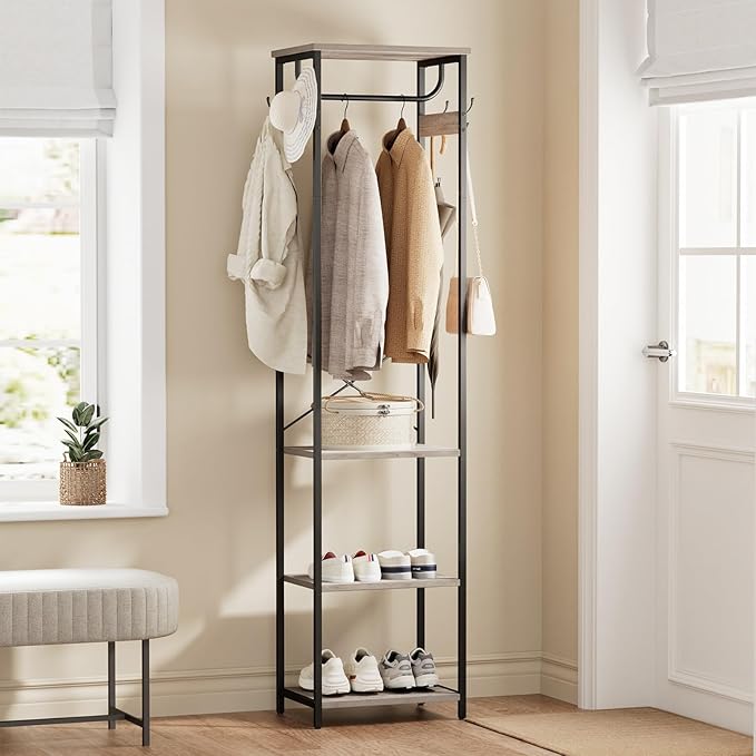 Coat Rack With Hanging Rod, Garment Rack With 3 Wooden Shelves and 4 Hooks, Freestanding Hall Tree, Industrial Clothes Rack Stand Organizer, Greige and Black
