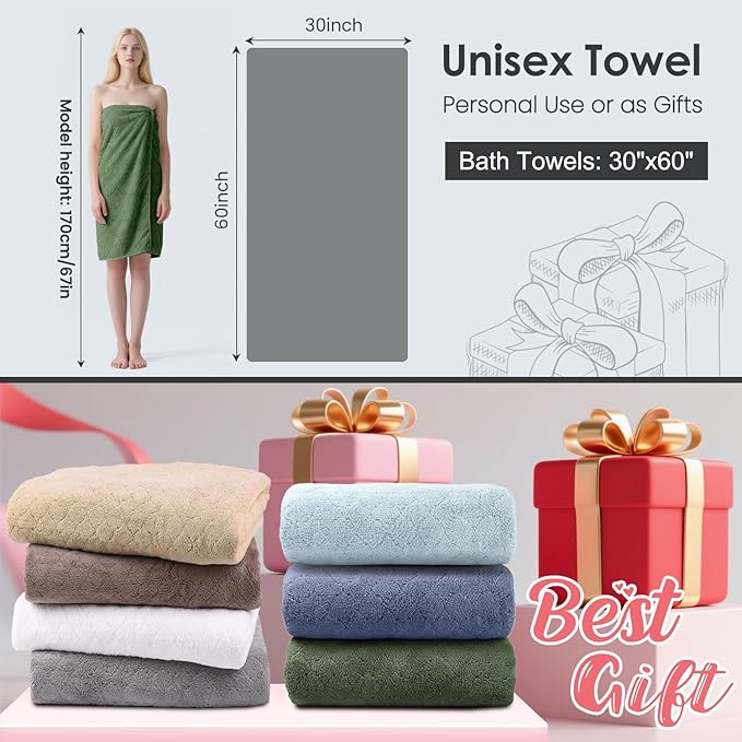 Pack of 4 Bath Towels, 30"x60", Large Microfiber Towel Set, Ultra Soft, Super Absorbent, Fast Drying, Perfect for Sauna, Shower, Pool, Sport, Travel, Fitness, SPA,Yoga, Coral Fleece-Olive-Green