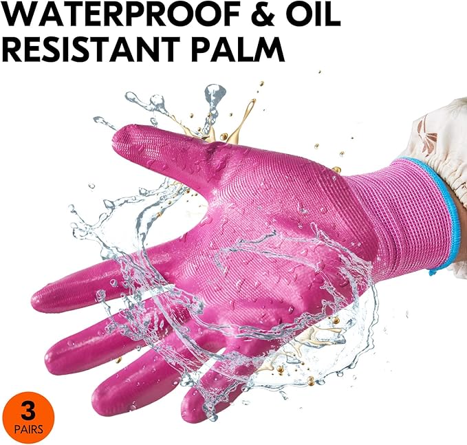 Vgo... 3Pairs Ladies' Nitrile Coating Gardening and Work Gloves (Size L, Green & Pink & Purple, NT2110)