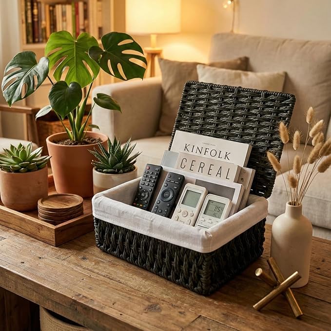Small Woven Storage Baskets with Lids, Set of 3, Black Paper Rope Wicker Storage Bins for Bathroom Shelf, Stackable Decorative Organizer Boxes
