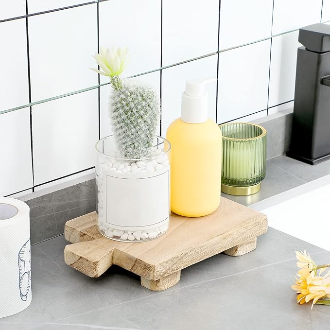 Wood Pedestal Stand Riser Wood Footed Tray for Bathroom Home Kitchen Wooden Soap Holder for Bottles Plant Makeup Tissues Candles Guest Jewelry Soap(Classic Color, 1.57 x 6 x 9 Inch)