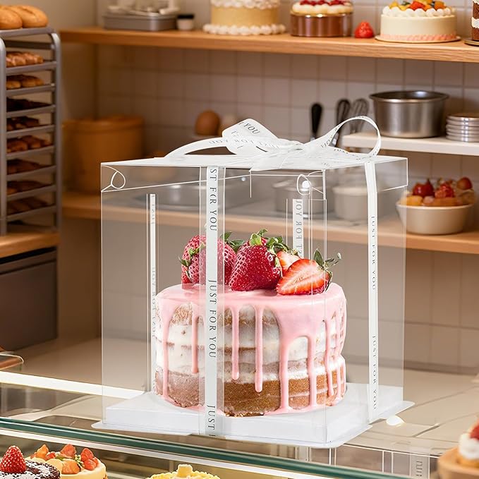 8Pcs Tall Cake Boxes Clear Box with Ribbon, 8x8x9 inch, for 6" cajas para pasteles Tiered Cakes,Transport Gift Boxes for Wedding Valentine'Day and Gift Display. (Clear, 8 * 8 * 9 inch/8pcs)
