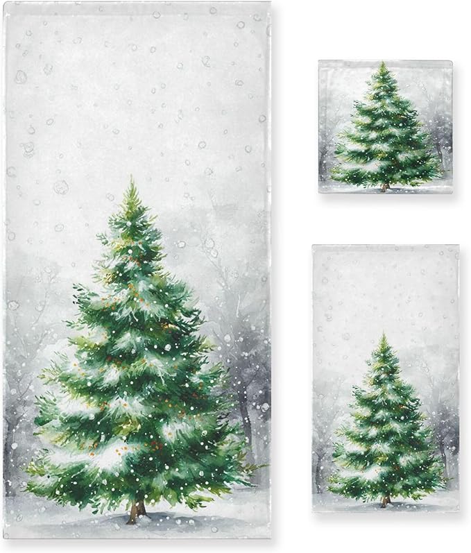 Christmas Winter Towels Set of 3 Rustic Christmas Tree with Snowflakes Bathroom Towel Soft Absorbent Bath Hand Towels Washcloth Guest Towel Sets Xmas Holiday Decor