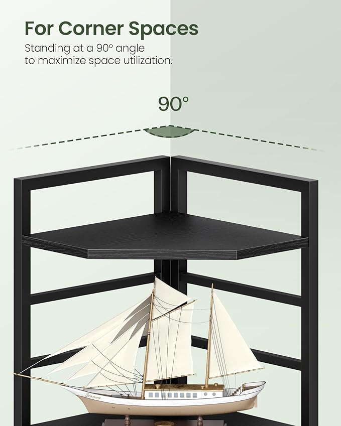 69.3" Corner Shelf 5-Tier, Large Corner Shelving Unit, Freestanding Storage Stand for Bedroom, Living Room, Kitchen, Industrial Engineered Wood Bookshelf Organizer, Black TCJ15BB