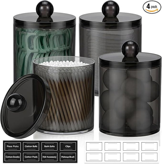 4 Pack Acrylic Qtip Holder Dispenser for Cotton Swabs, Balls, Pads, Floss Picks- Clear Plastic Canister Apothecary Jar Set, Bathroom Essentials Accessories Decor Vanity Makeup Storage Organizer -Black