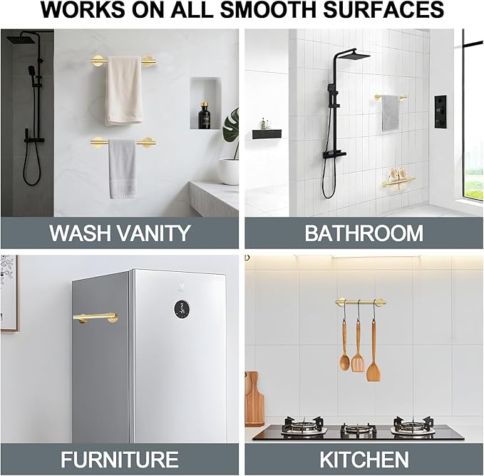 9 Inch #304 SUS Over The Door Towel Racks Wall Mounted,Self Adhesive Brushed Gold Bathroom Accessories, Small Bathroom Organizer & Dish Towel Holder&Shower Shoe Shelves