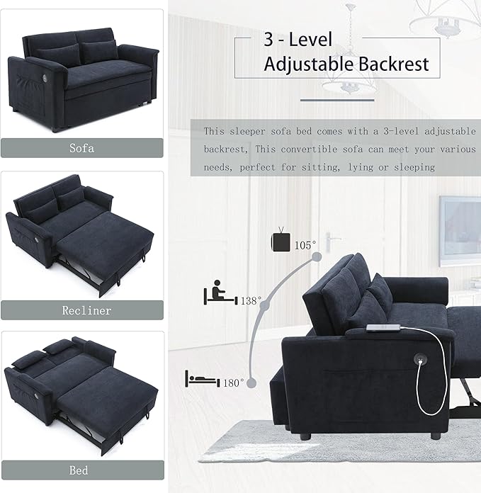 Sofa Bed, Pull Out Couch with Side Pockets, 3 in 1 Velvet Loveseat Sleeper Sofas Beds with USB Ports, Sofa Bed Couch with Adjustable Backrest for Living Room, Bedroom, Apartment, Black Blue