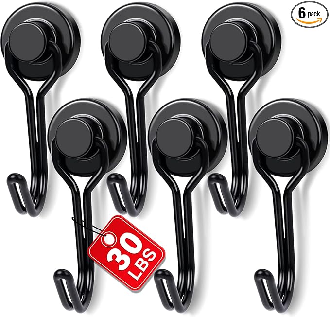 E BAVITE Magnetic Hooks, 30lbs+ Magnet Hook 2025 Cruise Cabin Ship Essentials Heavy Duty Strong Magnets Refrigerator Fridge Hanging for Classroom Beach Vacation Kitchen Grills Home 6pcs (Black)