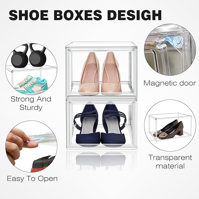 12 Pack Drop Front Acrylic Shoe Boxes with Magnetic Door Fit US Size 12, Clear Stackable Shoe Organizer for Closet, Entryway, Underbed, Multiple Display Cases for Hats, Figures, Sneakers