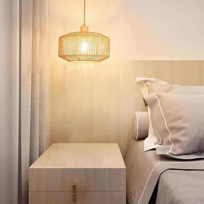 Plug in Pendant Light Paper Woven Rattan Hanging Lights Boho Hanging Lamp Rustic Farmhouse Pendant Lights for Kitchen Dining Room Bedroom Entryway, with 3-Way Dimmable Bulb (Woven-2)