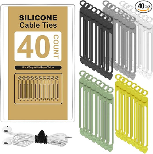40Pcs Silicone Cable Ties, Reusable Cord Organizer Rope, Elastic Cord Ties for Electronics, Essentials Straps for Fastening Home Office Kitchen Travel Appliances Cable Wires