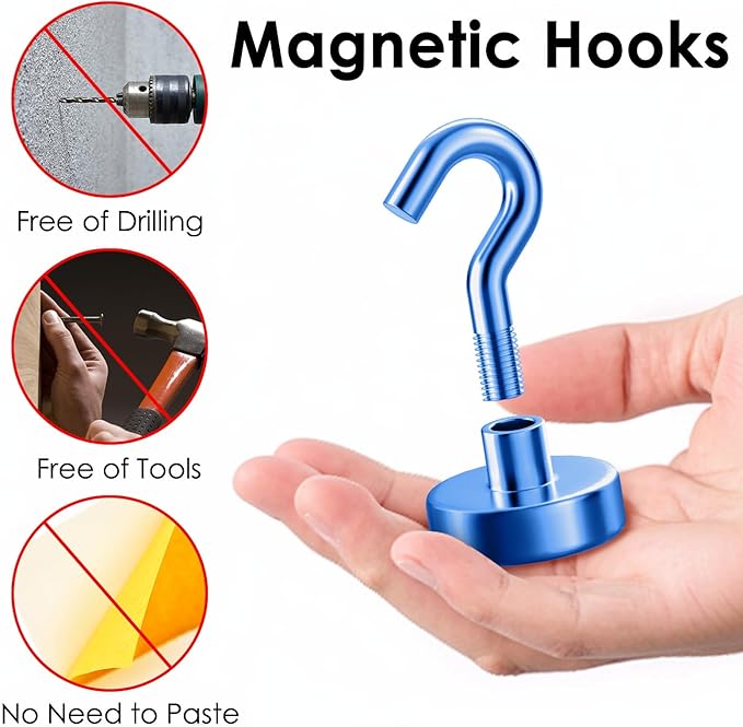 Magnetic Hooks for Cruise Ship Cabins, 80 lbs Blue Hooks for Classroom, Travel Accessories, Magnet with Hook for Grill, Fridge, 12 Pack