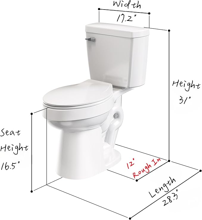 ELLAI Two Piece Elongated Toilets ADA Chair Comfort Height 16.5" Powerful Single Flush 1.28 GPF 12” Rough In with Side Trip Lever, White 28.3"x17.2“x31"