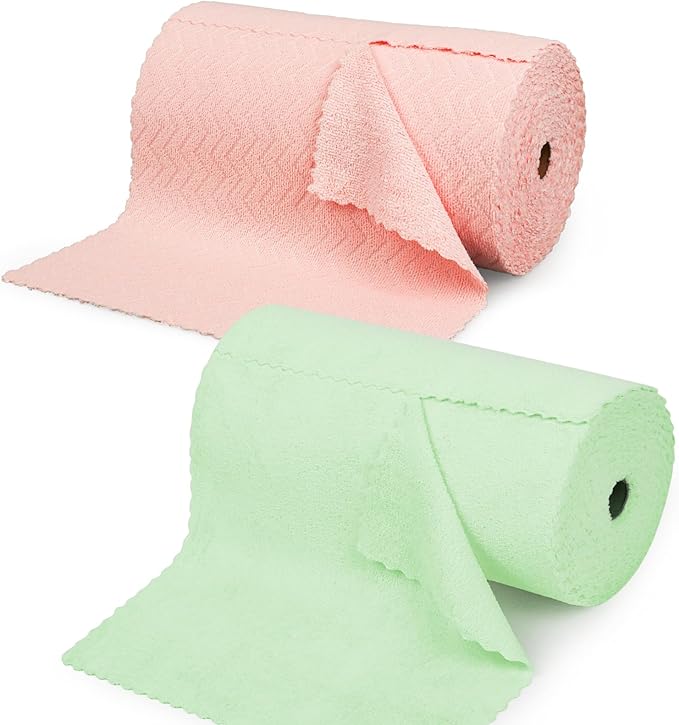 Microfiber Cleaning Cloth Roll 75 Pack Green+SOOWASH Microfiber Cleaning Cloth Roll 75 Pack Pink