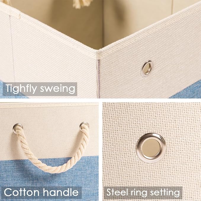 PRANDOM Large Foldable Cube Storage Bins 11x11 inch [2-Pack] Fabric Linen Storage Baskets Cubes Drawer with Cotton Handles Organizer for Shelves Nursery Closet Bedroom Beige/Blue