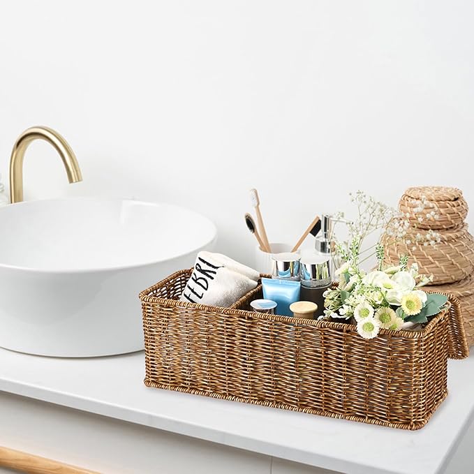 Sumnacon Wicker Storage Basket with Lid, Rectangular Narrow Baskets for Bathroom, Farmhouse Imitation Rattan Bin with Dividers, Decorative Handwoven Tray Organizer for Countertop Shelves Toilet Tank