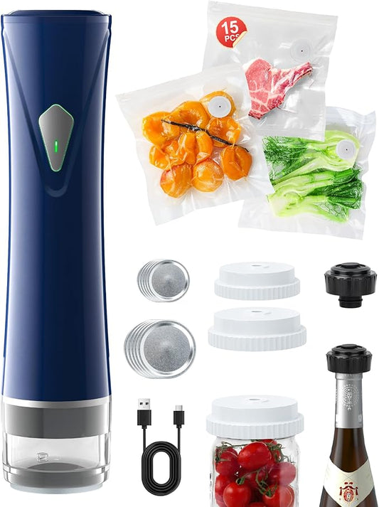 3-in-1 Compact Vacuum Sealer for Food with Bags & Mason Jar Kit, Saver 5X Fresh Longer, 15PCS Reusable Bags, Wide and Regular Mouth Kits, Wine Stopper for Kitchen Fridge Travel Seal Meal
