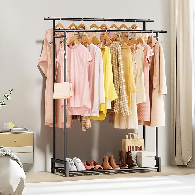 Clothes Rack for Hanging Cloth,Double Rods Metal Clothes Rack with Storage Shelf and Coat/Hat Hook, Freestanding Clothing Rack for Bedroom, Laundry, Cloakroom, Black