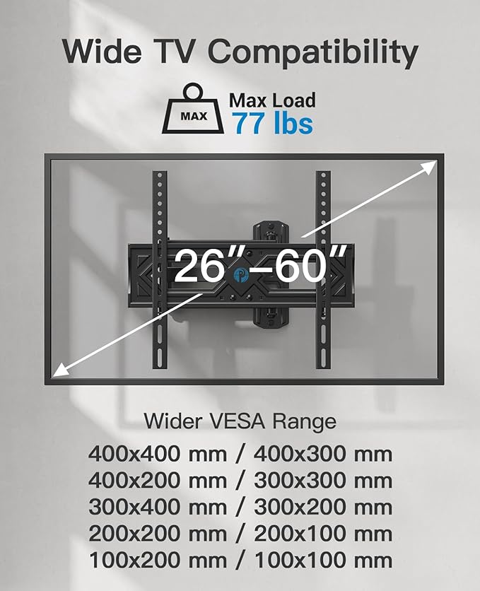 Pipishell Full Motion TV Wall Mount for 26-60 Inch Flat Curved TVs, Heavy Duty Single Articulating Arms TV Bracket Up to VESA 400x400mm and 77lbs, Support Swivel, Tilt, Level Adjustment