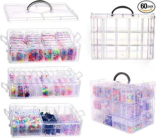 VTG Bead Organizer Box, 56 Pcs Small Plastic Containers with Lids and 3-Tier Stackable Storage Box, Clear Organizers for Jewelry Toys Craft Storage