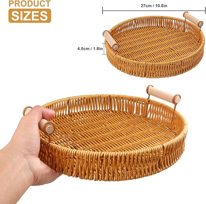 4 Pack 10.8 inch Round Rattan Tray, Round Woven Serving Basket with Handles, Storage Rattan Serving Trays for Home, Restaurant & Hotel Use, Durable & Easy-Cleaning