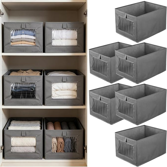 6 Pieces Oxford Cloth Storage Bins with Clear Window, Shelf Basket Closet Clothes Organizer Storage Containers for Organizing Shelves Wardrobe Office Clothing Books