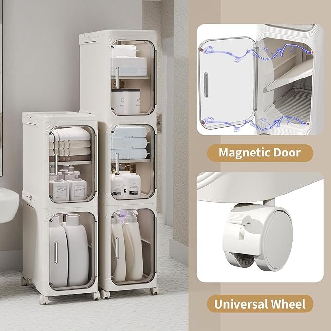 4-Tier Plastic Bathroom Slim Storage Cabinet with Magnetic Doors, Movable Wheels, Foldable Narrow Organizers and Storage for Small Spaces, Kitchen (White)