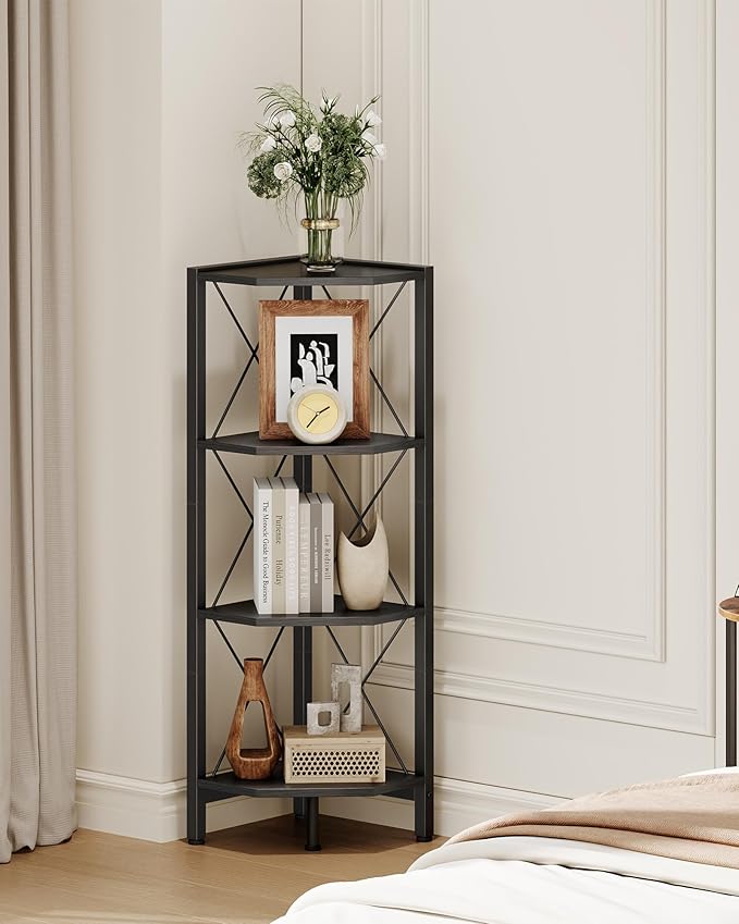 4-Tier Corner Shelf, Corner Bookcase, 43.3" Tall Vertical Display Rack, Plant Stand, Open Storage Shelf, for Living Room, Bedroom, Study, Kitchen, Black TCJ14BB