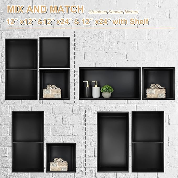 Black Shower Niche 12"X12", Stainless Steel Wall-Inserted Niche Bathroom Shelf, No Tile Needed Recessed Niche Shower for Bathroom, Living Room, Kitchen for Storage