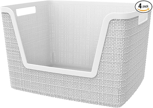 Curver Set of 4 Large 18L Easy Access Jute Decorative Plastic Organization and Storage Baskets - Perfect Bins for Home Office, Closet Shelves, Kitchen Pantry and All Bedroom Essentials, White